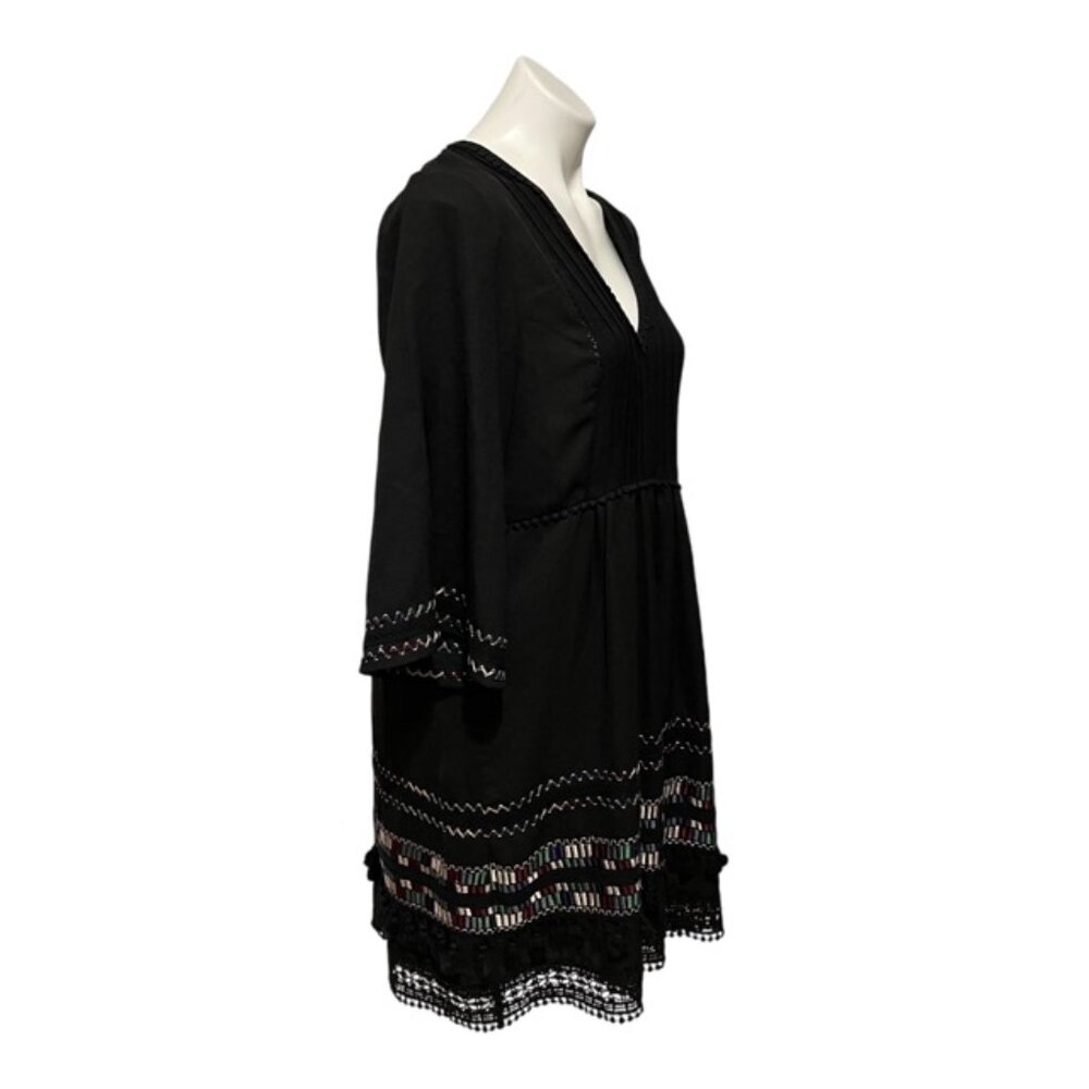 Ranna Gill Anthropologie Medium Black Embroidered Pom Pom V Neck Dress - Picture 3 of 8